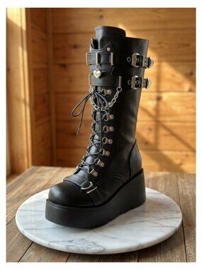 Women's Platform Wedge Combat Boots Mid Calf Lace Up Gothic